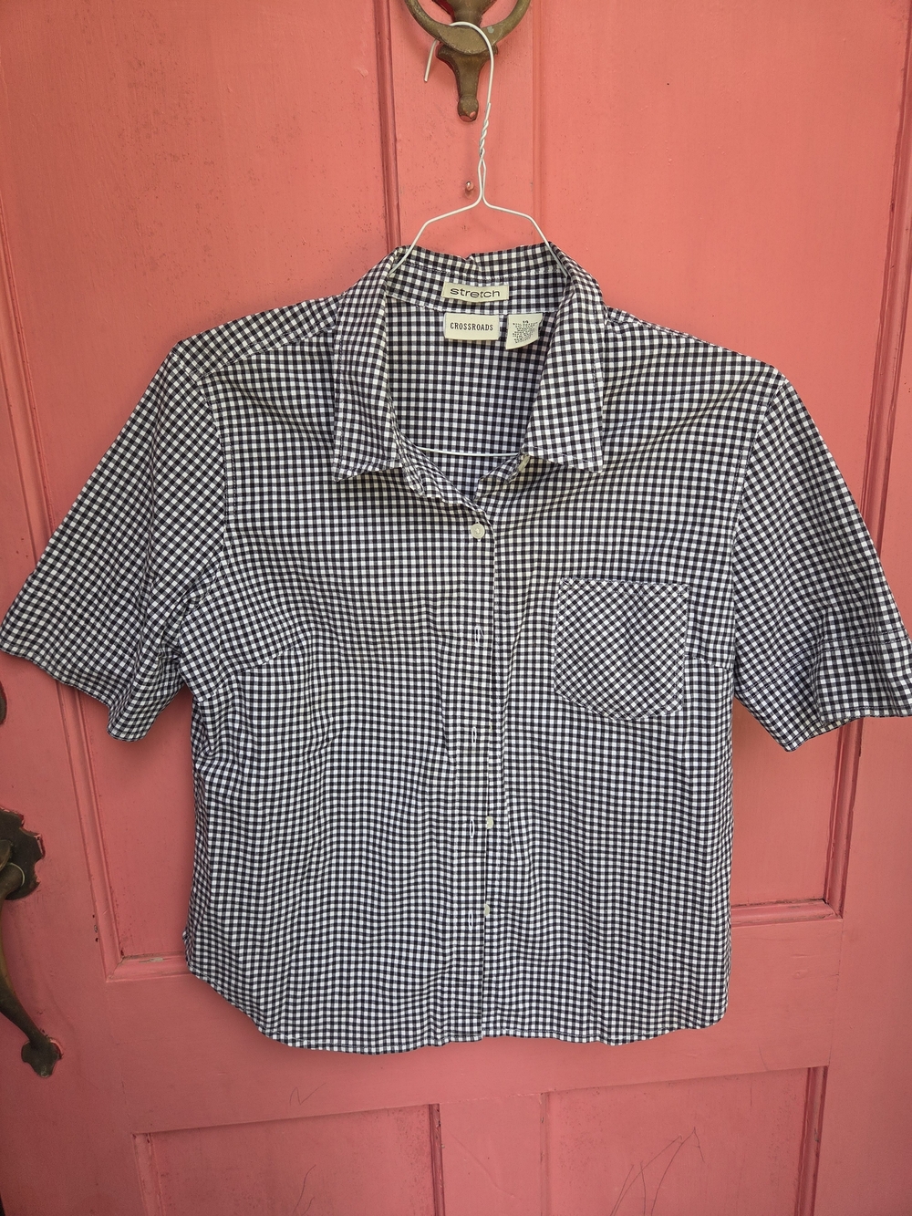 Women’s Black & White Gingham Stretch Button-Down Shirt 97% Cotton